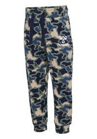 Camo joggings in tinten van groen en marineblauw, met een elastische tailleband met trekkoord, cuffs aan de enkels en een wit logo aan de voorkant.