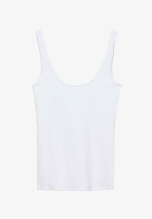 Débardeur blanc à encolure dégagée, fabriqué en tissu doux, présentant des bretelles fines et une coupe ajustée et slim. Aucun motif ou accent visible.