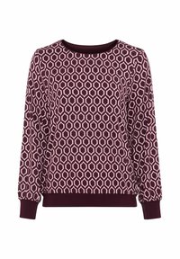 Langärmliger Pullover in Burgunderrot mit einem geometrischen Honigwabenmuster in Hellrosa, rundem Ausschnitt, gerippten Bündchen und Saum.