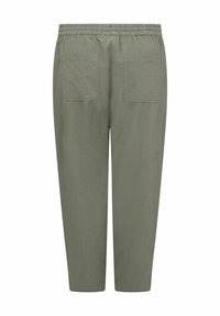 Pantalones de algodón verdes con una cinturilla elástica, dos bolsillos traseros y un corte relajado. La tela tiene una textura suave y un acabado mate.