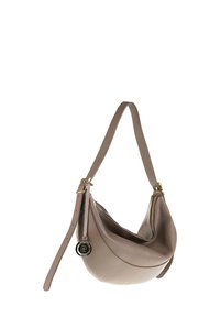 Borsa a tracolla in pelle marrone con design hobo, dotata di una singola tracolla regolabile e un compartimento con zip. Dettagli in metallo dorato.