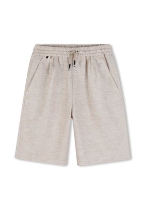 Beige short van linnenmix met elastische tailleband, trekkoord en zijzakken, plat neergelegd op een witte achtergrond.