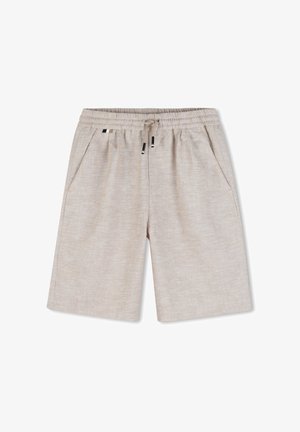 Beżowe szorty z mieszanki lnu, z elastycznym pasem, sznurkiem i bocznymi kieszeniami, przedstawione na płasko na białym tle.
