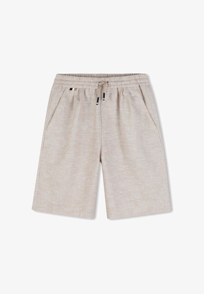Shorts beige en mélange de lin avec taille élastique, cordon de serrage et poches latérales, présentés à plat sur un fond blanc.