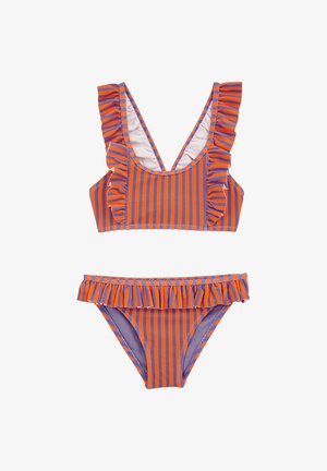 Bikini-set in paarse en oranje strepen met ruches. Bovenstuk heeft een diepe V-hals en brede bandjes; onderstuk heeft een ruches tailleband.