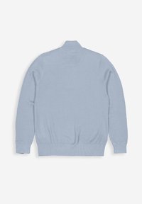 Hellblauer Strickpullover mit strukturiertem, geripptem Design, Kragen und Bündchen. Hat einen taillierten Saum und eine glatte Oberfläche.