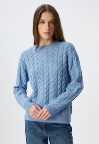 Maglioncino in maglia a treccia di colore azzurro chiaro, con scollo rotondo e polsini a costine, realizzato in morbido tessuto testurizzato. Abbinato a jeans di jeans.