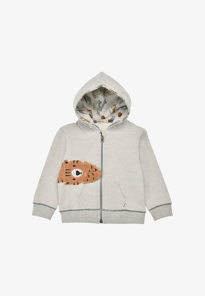 Hellgrauer Zip-Hoodie mit einem strukturierten braunen Tigerkopf-Patch auf der linken Seite und einer gemusterten Innenseite der Kapuze, die Tiere und Bäume zeigt.