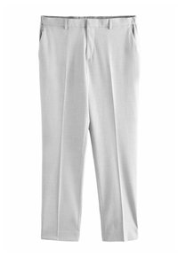 Pantalones de color gris claro fabricados con una tela tejida que presentan un diseño de pierna recta, bolsillos frontales y un pliegue planchado en la parte delantera.