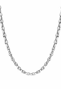 Collana in argento con catena composta da anelli ovali e rotondi con una finitura lucida. Texture liscia, spessore medio e design uniforme.