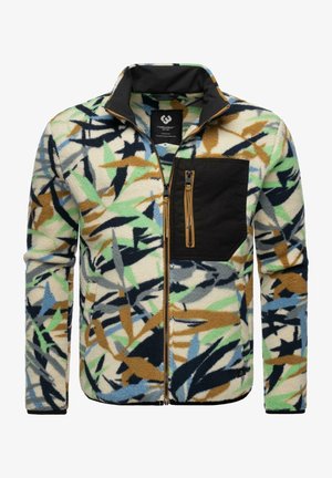 Fleece jacket with a multicolored leaf pattern, featuring a black zip pocket, stand-up collar, and contrasting textured fabric.