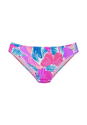 Bikinihöschen mit einem leuchtenden Blumenmuster in Pink, Blau und Lila auf weißem Hintergrund. Weicher Stoff mit mittelhohem Bund.
