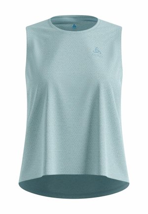 Lichtblauwe mouwloze sporttop met een ronde halslijn, subtiel gestructureerd patroon en klein logo op de bovenste linkerborst.