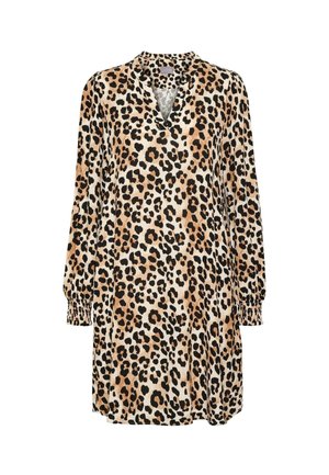 Robe beige à manches longues, imprimé léopard noir et marron, décolleté en V et poignets froncés, présentée sur fond blanc.
