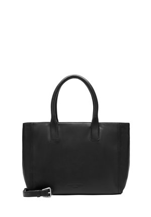 Czarna skórzana torba typu tote z dwoma uchwytami u góry i odpinanym paskiem na ramię. Posiada gładką teksturę i minimalistyczny design.
