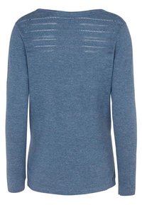 Maglione blu a maniche lunghe in maglia, con strisce orizzontali in lavorazione aperta sulla parte superiore della schiena e polsini e orlo a coste.