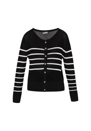 Zwarte cardigan met witte horizontale strepen, ronde halslijn, vijfknopen sluiting en textuurstof. Lange mouwen met ribbenmanchetten.