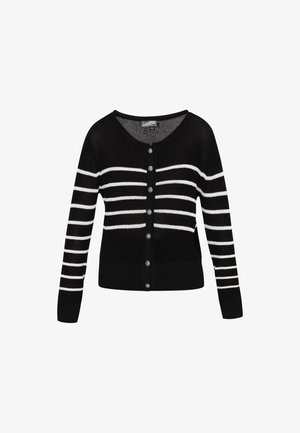 Zwarte cardigan met witte horizontale strepen, ronde halslijn, vijfknopen sluiting en textuurstof. Lange mouwen met ribbenmanchetten.