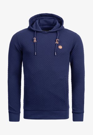 Hoodie blu navy con un motivo testurizzato e trapuntato, dotato di tasca a marsupio, coulisse regolabile e una piccola patch con logo.