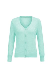 Cardigan verde mentă deschis, realizat din material tricotat. Dispune de un decolteu în V, mâneci lungi și cinci închideri cu butoni pe față.