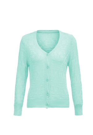 Cardigan verde mentă deschis, realizat din material tricotat. Dispune de un decolteu în V, mâneci lungi și cinci închideri cu butoni pe față.