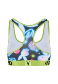 Czarny stanik sportowy z neonowym nadrukiem graficznym, z designem racerback i limonkowym wykończeniem. Posiada elastyczny pasek z logo na dole.