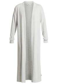 Lichtgrijs vest van zachte stof, met lange mouwen, een open voorkant en een losse, vloeiende pasvorm. Simpele en minimalistische uitstraling.