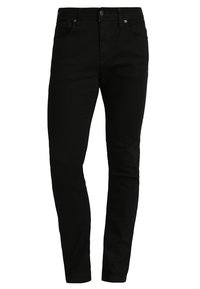 Black slim-fit jeans with front button and zipper closure, five-pocket design, and belt loops.