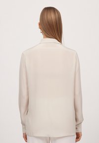 Lichtbeige blouse met lange mouwen van een gladde, zijdezachte stof, een klassieke kraag en knoopmanchetten, met een ontspannen pasvorm en minimalistisch ontwerp.
