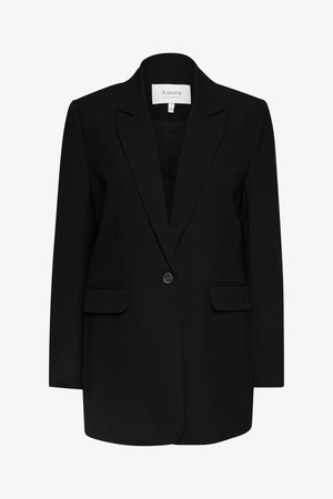 Blazer preto de um só botão com lapelas de bico, bolsos com aba e mangas compridas, com etiqueta "b.younga" tamanho 36.