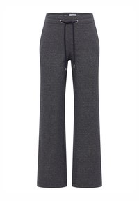 Ciemnoszare spodnie dresowe o luźnym kroju, wyposażone w sznurek w talii, metalowe oczka i proste nogawki. Gładka faktura, minimalistyczny design.