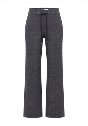 Pantaloni sportivi grigio scuro dal taglio morbido, con vita regolabile a cordoncino, occhielli in metallo e gambe dritte. Texture liscia, design minimalista.