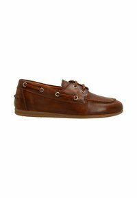 Braune Lederbootsschuhe mit niedrigem Profil, genähten Akzenten, runden Ösen und einer Gummisohle für Rutschfestigkeit.