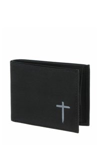 Black bifold wallet made of smooth material featuring a gray cross design. Compact, with multiple card slots and a simple, unembellished shape.