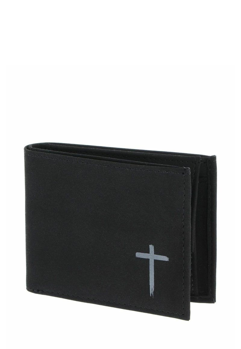 Black bifold wallet made of smooth material featuring a gray cross design. Compact, with multiple card slots and a simple, unembellished shape.