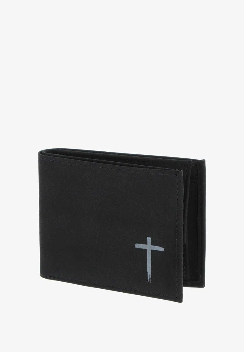 Black bifold wallet made of smooth material featuring a gray cross design. Compact, with multiple card slots and a simple, unembellished shape.