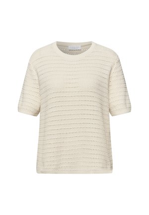 Krémový krátký pletený svetr s krátkými rukávy, vodorovnými průsvitnými pruhy a kulatým výstřihem, zobrazený na bílém pozadí.