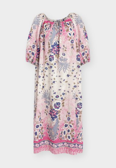 Vestido holgado hasta la rodilla con estampados florales y de hojas en rosa, azul y marrón, mangas abullonadas hasta el codo y escote fruncido con lazada.