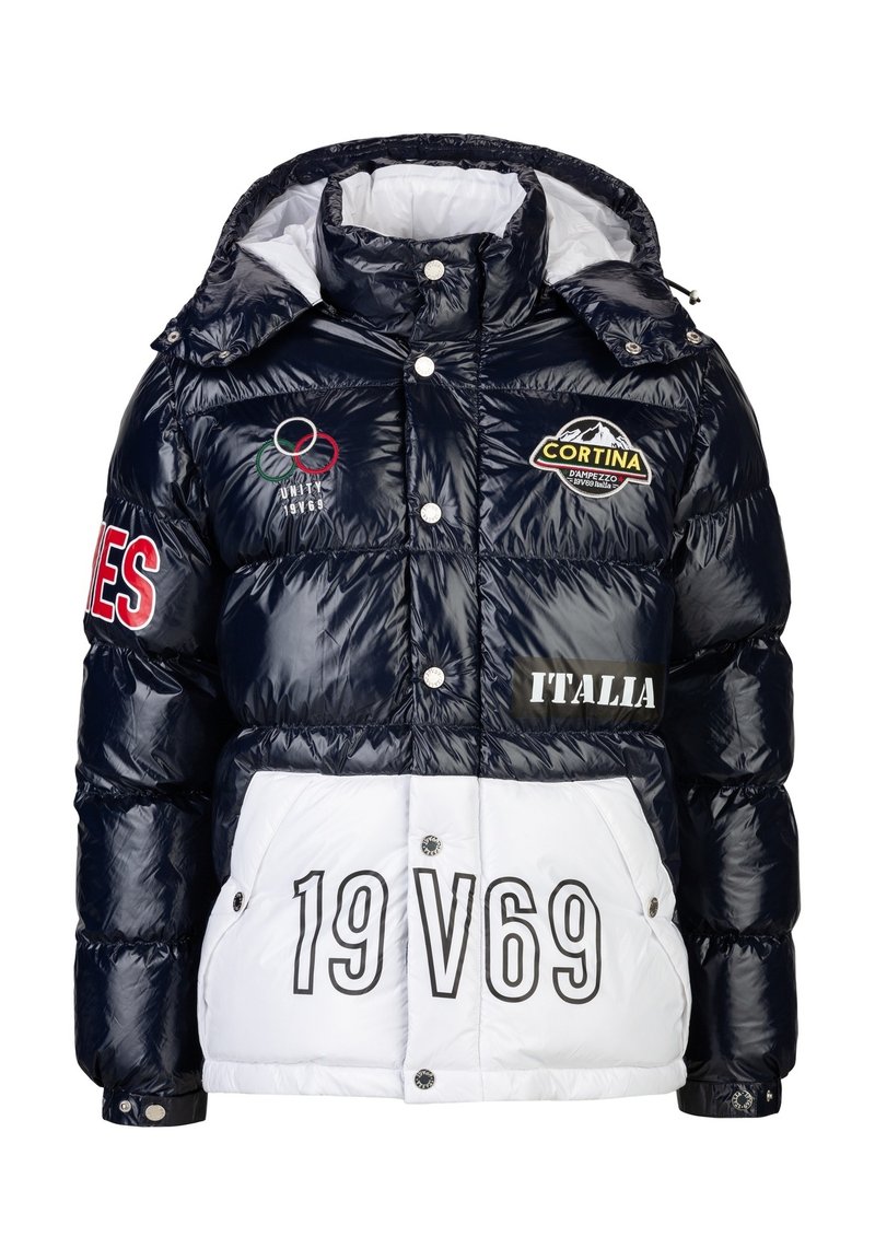 Navy- und weiße Daunenjacke mit Kapuze, glänzender Oberfläche, Olympiologe, "CORTINA"-Patch und großem Druck "19 V69".