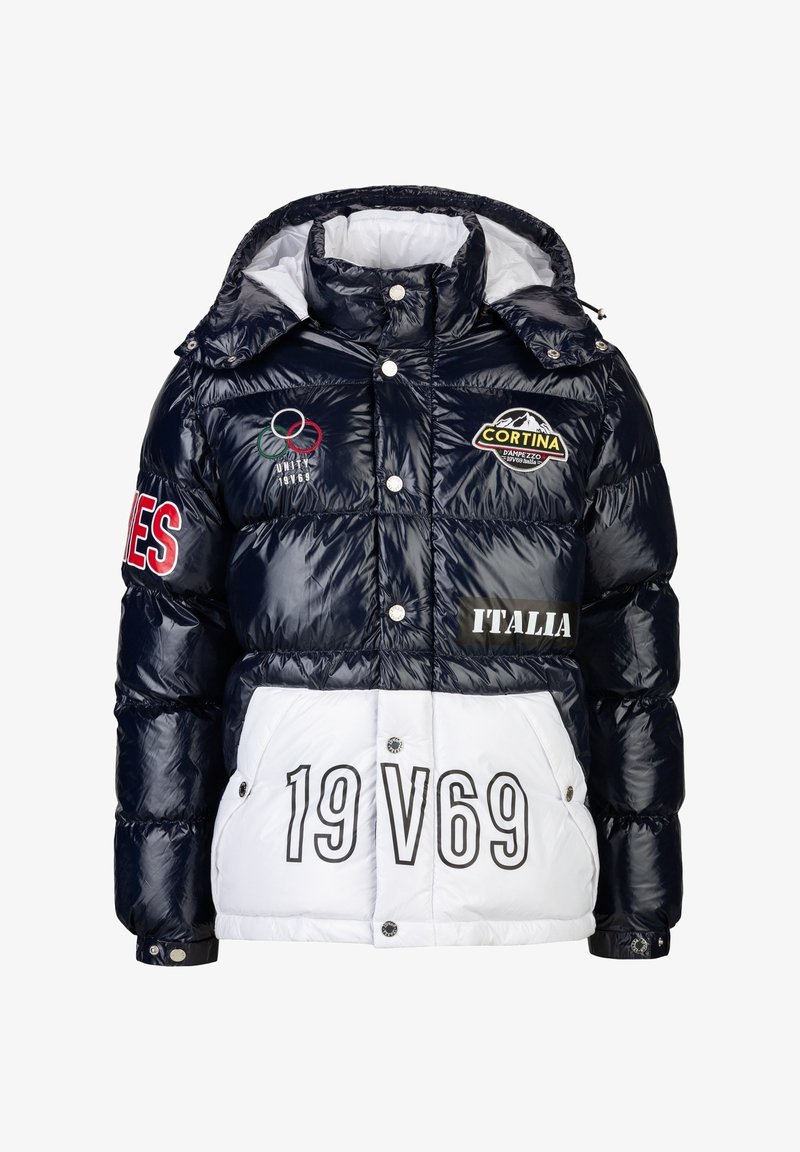Navy- und weiße Daunenjacke mit Kapuze, glänzender Oberfläche, Olympiologe, "CORTINA"-Patch und großem Druck "19 V69".