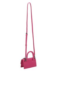 Mini borsa a mano di un brillante colore rosa, realizzata in pelle liscia. Presenta un manico rotondo corto, una tracolla lunga e regolabile, e una forma rettangolare.