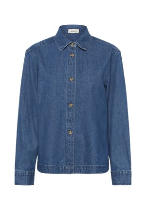 Giacca in denim con colletto, apertura a bottoni, maniche lunghe e taglio dritto, con una texture in blu medio.