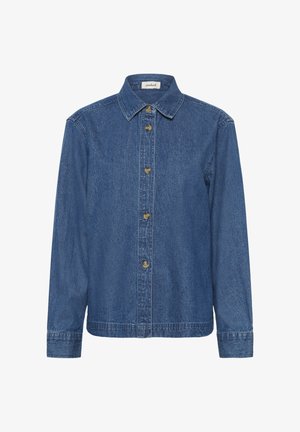 Denim jacket with a collared neckline, button front, long sleeves, and a straight cut, featuring a medium blue wash texture.