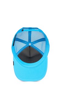 Blue cap with a solid front, mesh back, and a flat brim. Inside features a black lining and a branded inner band. Circular button at the top.