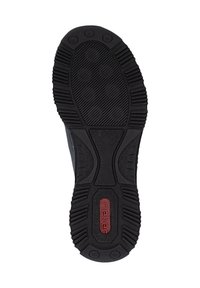 Semelle de chaussure en caoutchouc noir avec un motif de texture antidérapant et des accents circulaires. Présente un logo "rieker" rouge au centre.