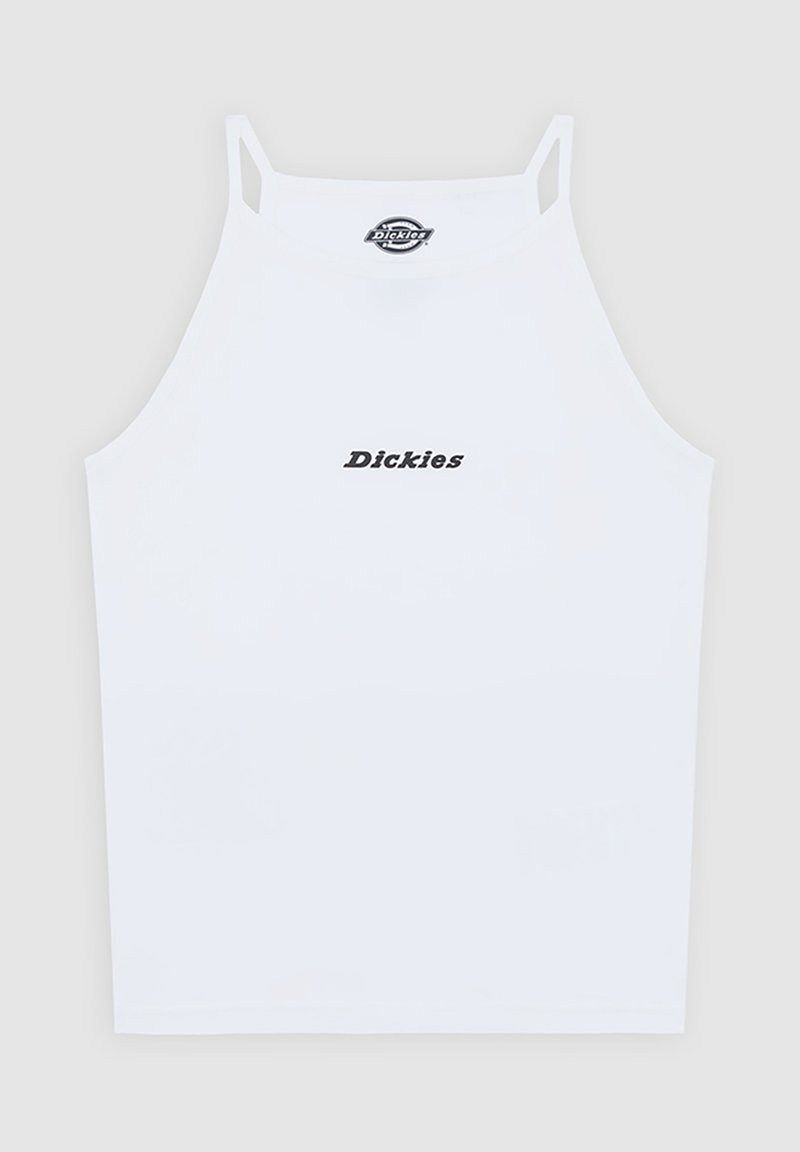 White sleeveless tank top with thin straps, featuring a printed black "Dickies" logo at the center. Smooth texture, minimalistic design.