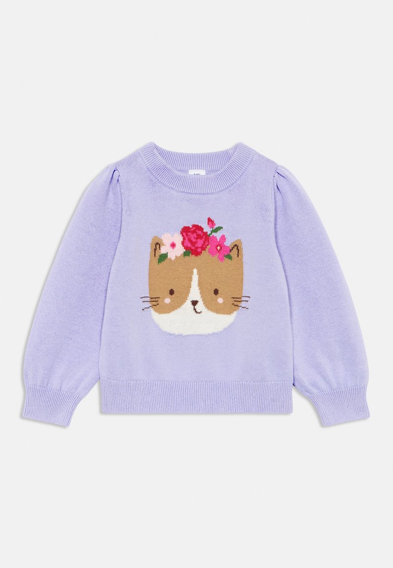Sweater lilás de malha com mangas bufantes longas. Apresenta um design de rosto de gato adornado com flores coloridas na testa. Textura suave.