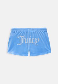 Blue velvet shorts with a soft texture, featuring a white rhinestone "Juicy" logo on the front. Elastic waistband for comfort.