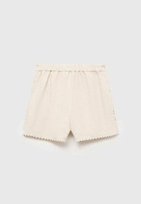 Pantaloni corti beige in cotone con vita elastica, orlo ondulato e dettagli con bottoni sui lati. Texture liscia, design semplice.