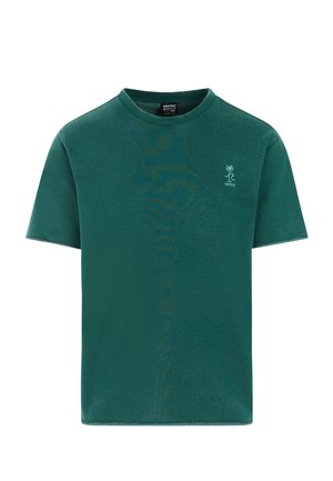 Dunkelgrünes Baumwoll-T-Shirt mit kurzen Ärmeln, Rundhalsausschnitt und kleinem weißen Palmen-Logo auf der linken Brust. Glatte Textur, lockere Passform.